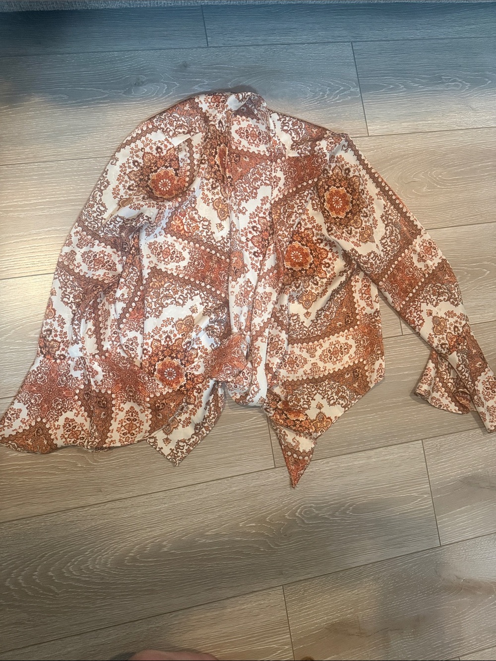 Anthropologie Rust and Cream Paisley Tie-Front Blouse